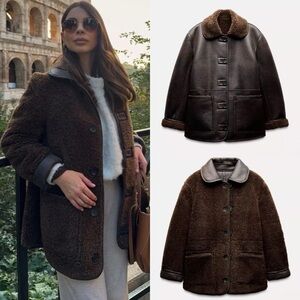 ZARA DOUBLE FACED REVERSIBLE FAUX LEATHER COAT BROWN XS 6318/248/700 SHEARLING